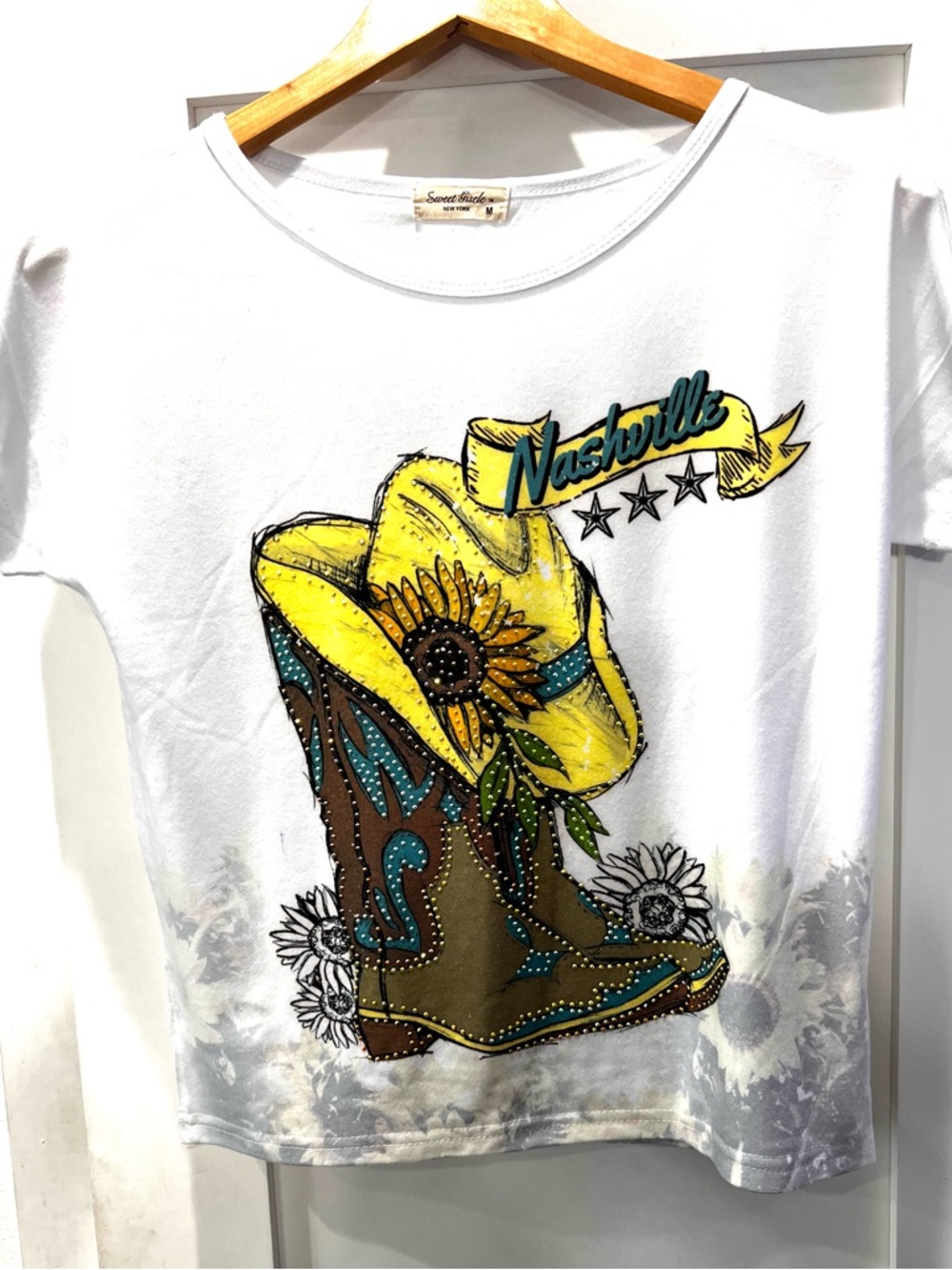 White 'Nashville' Graphic Tee with Yellow Cowboy Hat - women